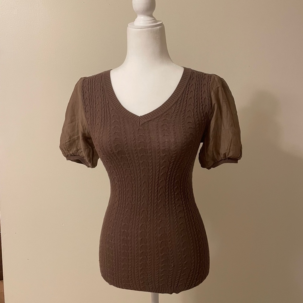 BCBG MaxAzaria Brown Knit Short sleeve Balloon Princess Sleeve